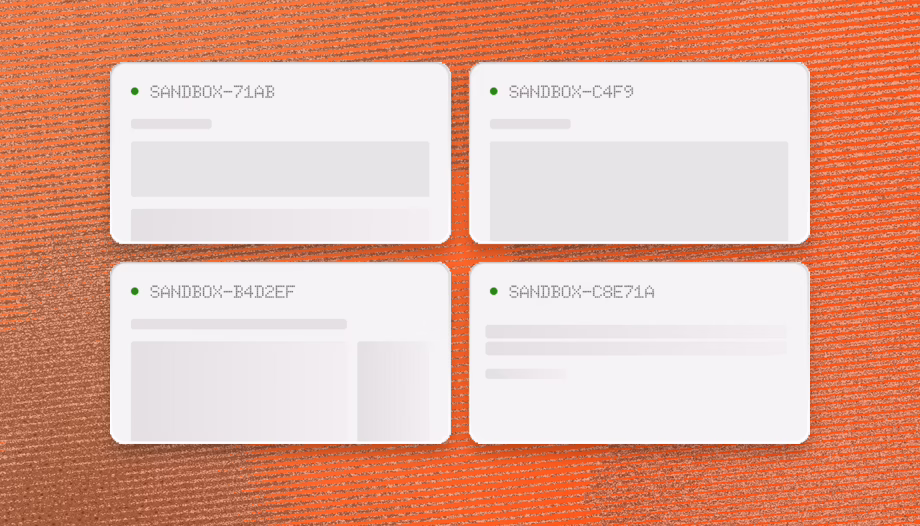Four isolated sandbox environments floating over an orange halftone background