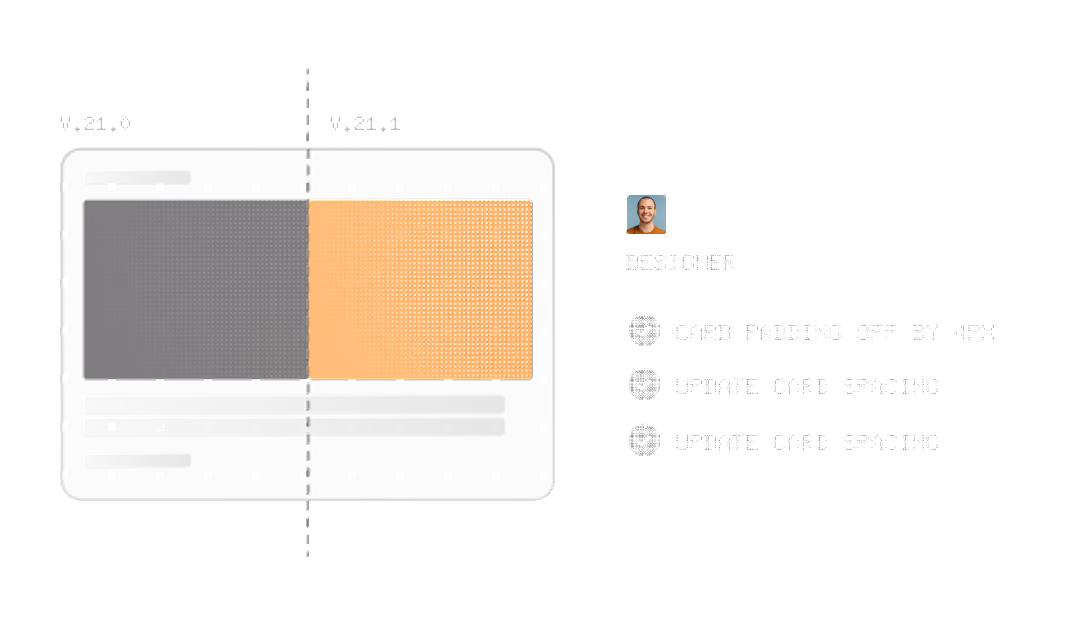 Review hub pairing an agent screenshot with designer feedback on card padding and spacing