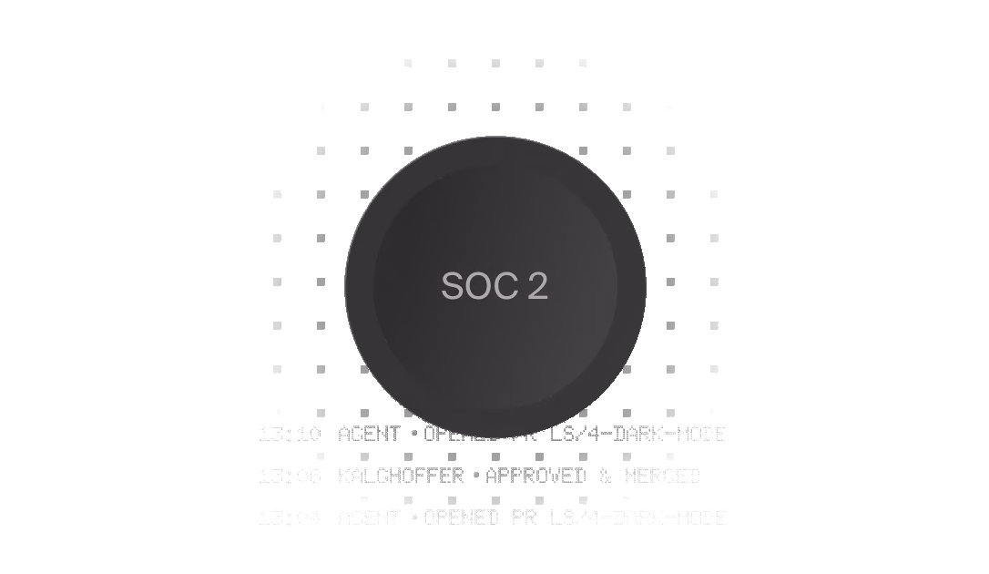 SOC 2 badge above a timestamped log of agent actions, from opened PR to merge