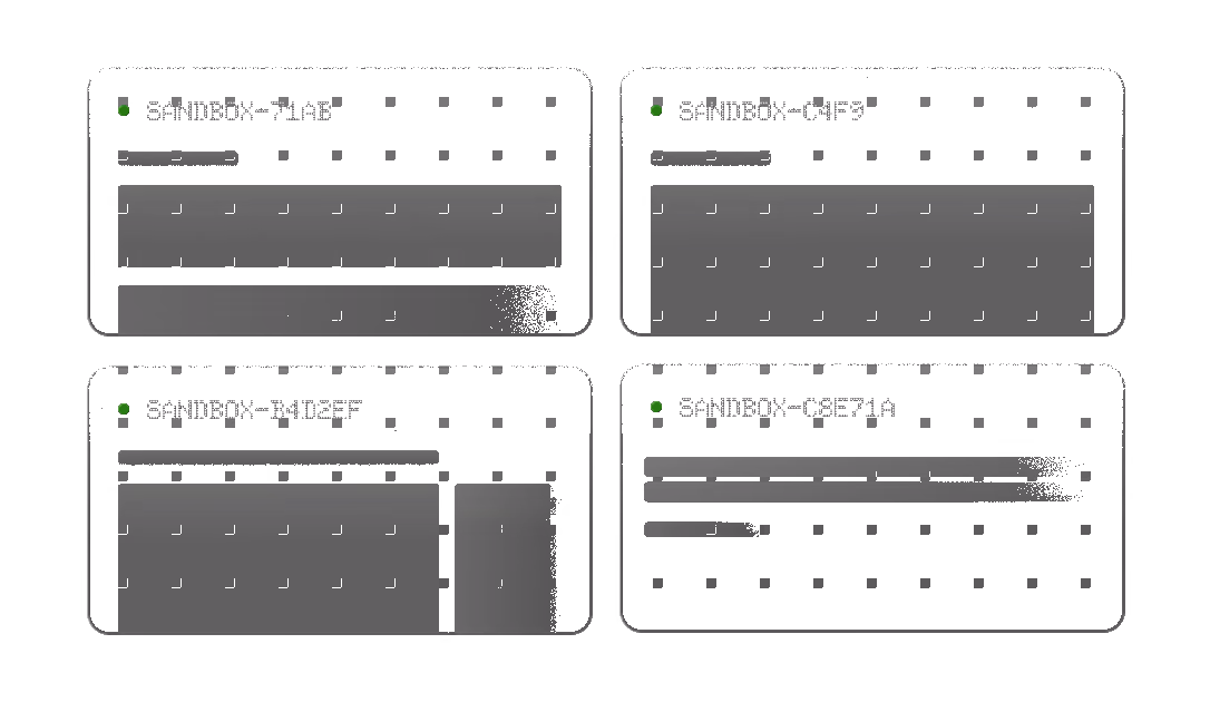 Four isolated sandbox environments running side by side, one per task on the board