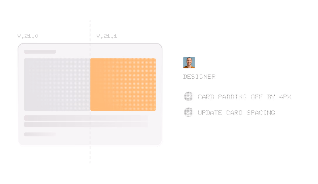 Review hub pairing an agent screenshot with designer feedback on card padding and spacing