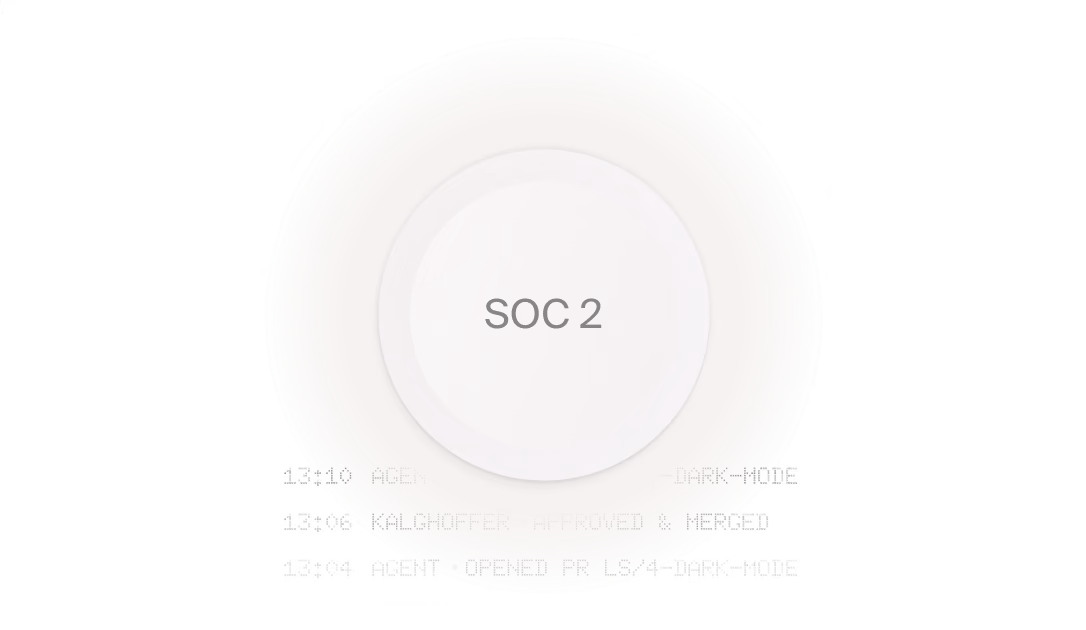 SOC 2 badge above a timestamped log of agent actions, from opened PR to merge