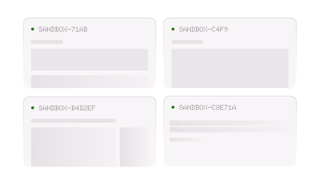 Four isolated sandbox environments running side by side, one per task on the board