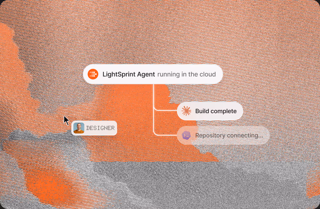 LightSprint Agent running in the cloud, connected to a designer with Build complete and Repository connecting status pills